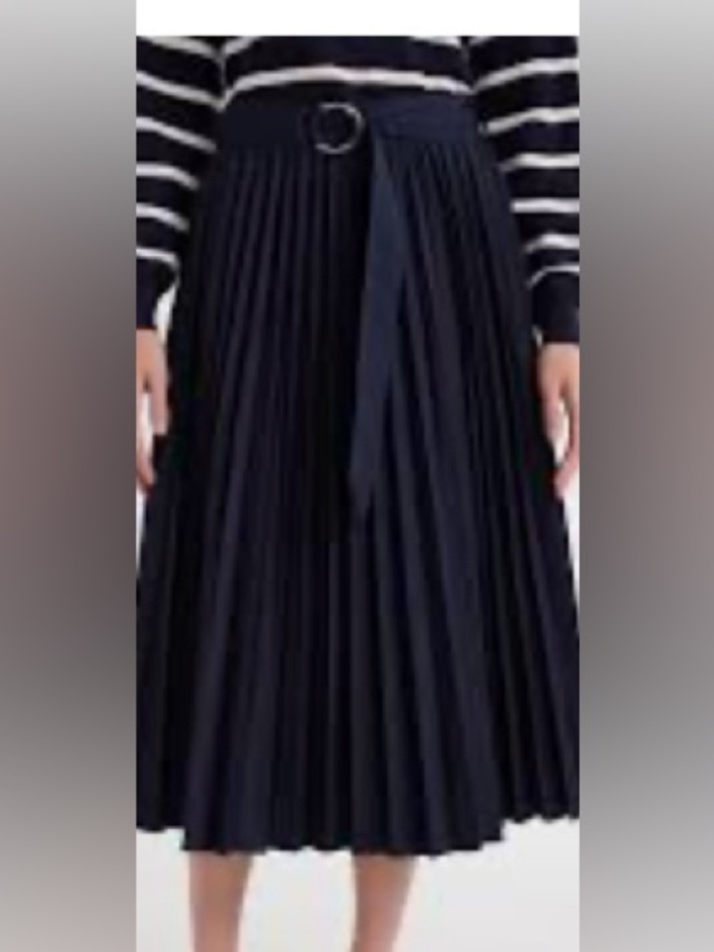 Belted Navy Pleated Midi Skirt